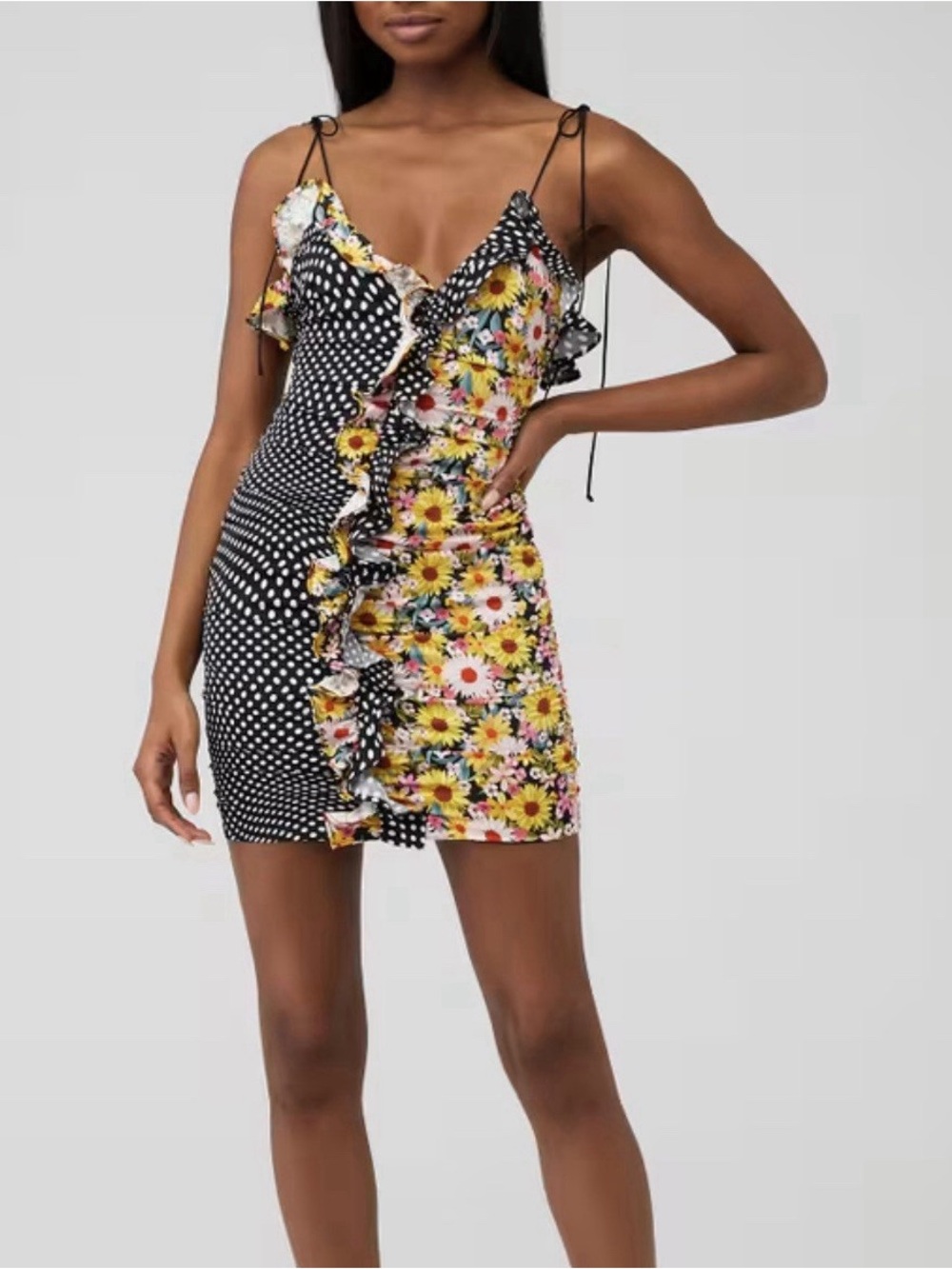 For love and lemons Black & White Polka Dot Ruched Dress with Floral Side Ruffle